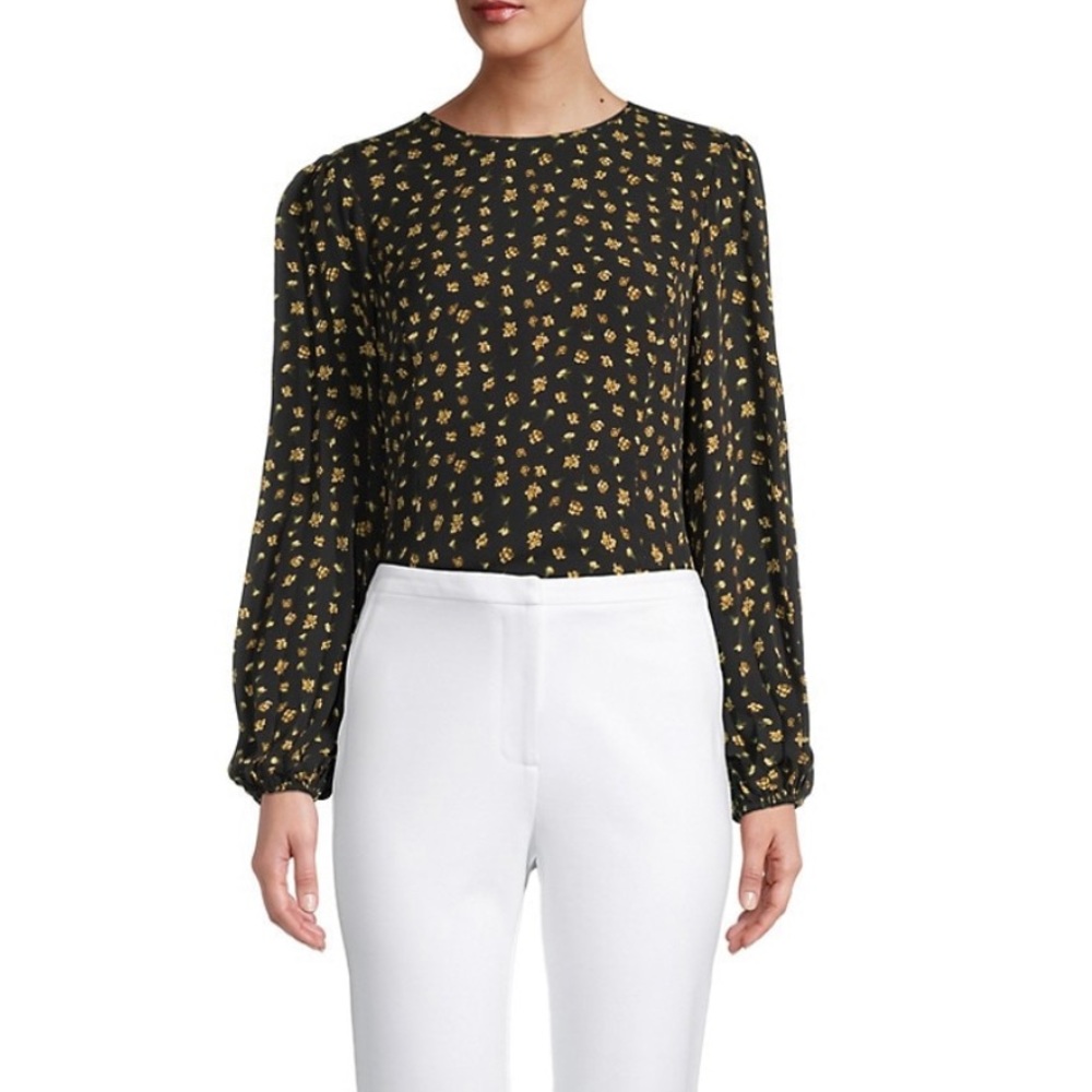 Elie Tahari black & gold silk blouse w/ pleated sleeves sz2